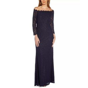 Adrianna Papell Off Shoulder Lace Maxi Gown Dress Navy Blue Sz 8